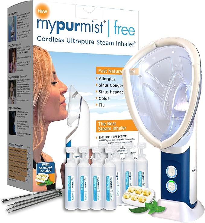 Mypurmist Free Plus Facial Steam Mask - Advanced Relief for Sinus, Allergy, Cold, Cough, and Skincare Needs - Facial Steamer Personal Vaporizer Inhaler Humidifier