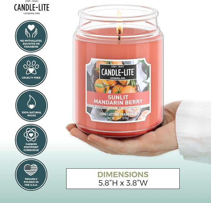 Candle-lite Scented Candles, Sunlit Mandarin Berry, 18 oz Jar, Proudly Poured in The USA, Aromatherapy Candle, Single-Wick with 110 Hours of Burn Time, Perfect for Creating a Refreshing Ambiance