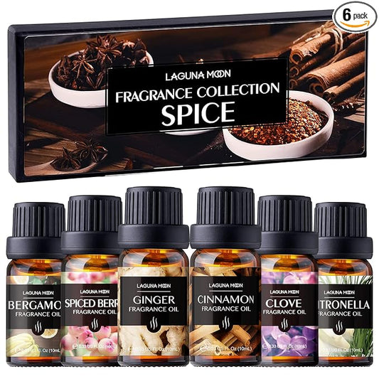 Lagunamoon Fall Essential Oils Set - Spice Fragrance Oils Autumn Gift Set for Diffusers, Home Care, Candle Making Scents, Aromatherapy - Cinnamon, Clove, Citronella, Ginger and Spiced Berries (10mL)