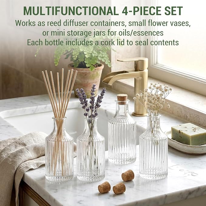 MyGift Small Clear Glass Reed Diffuser Bottles with Cork Lids, Vintage Fluted Flower Bud Vase Style, Refillable Home Fragrance Containers, Set of 4