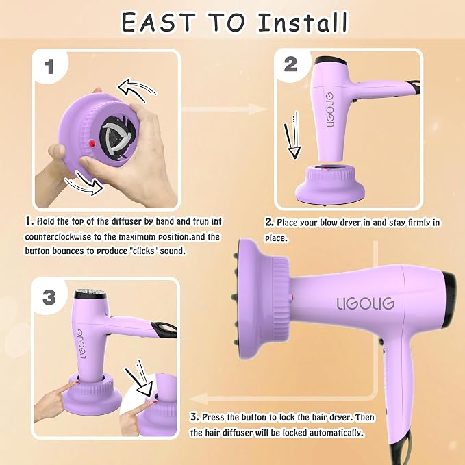 LIGOLIG Hair Difuser Attachment Universal Diffuser Hair Dryer for 1.4-inch to 2.4-inch Blow Dryer, Hair Diffuser for Curly Hair and Natural Wavy Hair (Purple)
