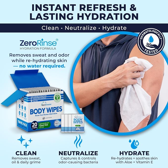 Body Wipes for Adults Bathing No Rinse - 20 Count Travel Shower Wipes - 10 x 10" Individually Wrapped Thick Cleansing Waterless Wash Scrubs - Disposable Washcloths for Camping & Elderly Incontinence