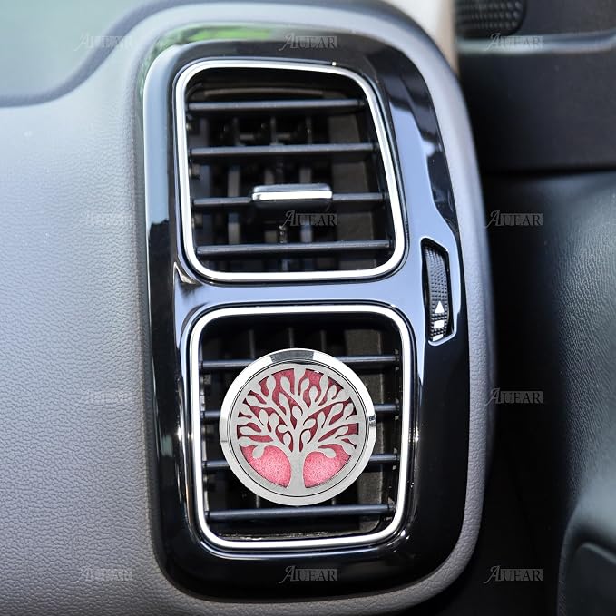 AUEAR, Tree of Life Car Diffuser Vent Clips Aromatherapy Essential Oil Diffusers 30mm Stainless Steel Lockets with 10 Felt Refill Pads