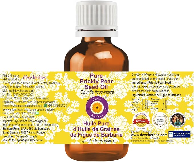 dève herbes Prickly Pear Seed Oil (Opuntia ficus-Indica) | Infused | Pure | Non-Sticky | Lightweight | For Facial Care | Men & Women | 30ml (1 oz)
