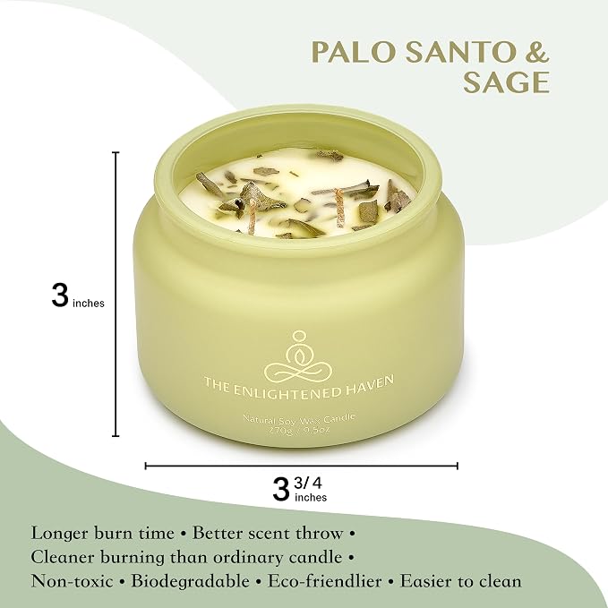 Palo Santo and White Sage Meditation and Yoga Candle for Cleansing and Protection - 50 Hour Clean Burning Soy Wax - 2-Wick Spiritual Aromatherapy Smudge Candle with Guided Materials -9.5oz