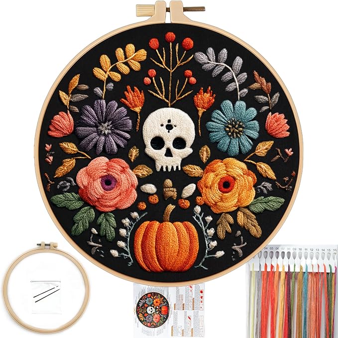 FONNUY Halloween Embroidery Kits for Beginners,Skull Pumpkin Spider Web Floral Stamped Cross Stitch Kit for Adults, Spooky Season Boho Wall Decor, 8'' Hoop (Skull 2)