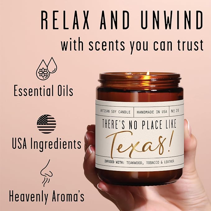 Texas Gifts, Texas Decor for Home - 'There's No Place Like Texas Candle, w/Teakwood, Tobacco & Rich Leather I Texas Souvenirs I Texas State Gifts I 9oz Jar, 50Hr Burn, USA Made