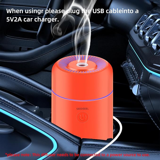 SEEDSEEL 100ML Car Essential Oil Diffuser, Mini Air Humidifier with 7-LED Color Changing, Suitable for Car (Orange)