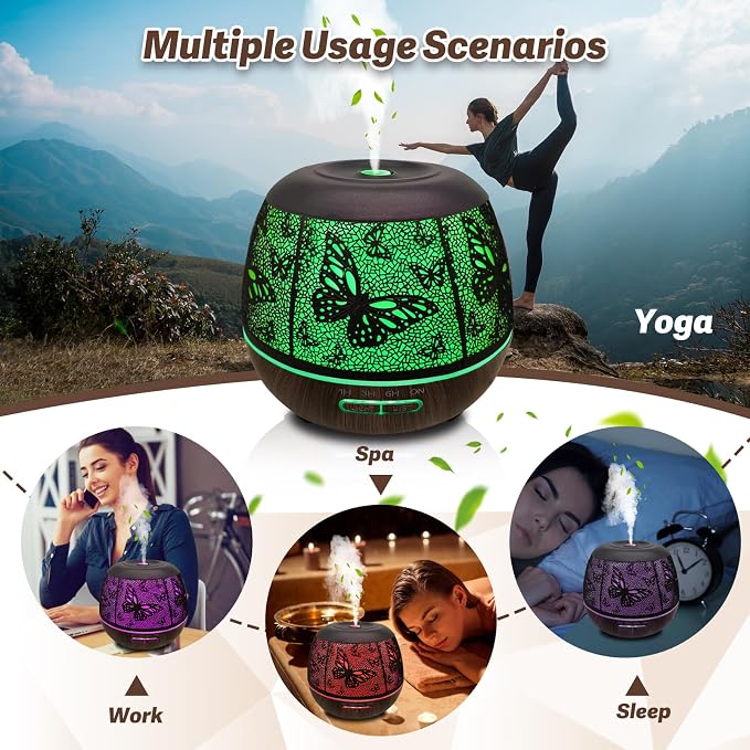 Roonbo Diffusers for Essential Oils Large Room 400ml,Essential Oil Diffuser for Home with R/C,Cool Mist Humidifiers for Bedroom,7 Colors Changed & 3 Mist Mode Waterless Auto Off for Decor Butterfly