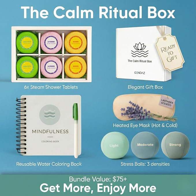 Stress Relief Gifts with Heated Eye Mask, Stress Balls for Adults, Shower Steamers & Adult Coloring Book for sinus relief – Self Care Relaxation Kit, Anxiety Relief Items