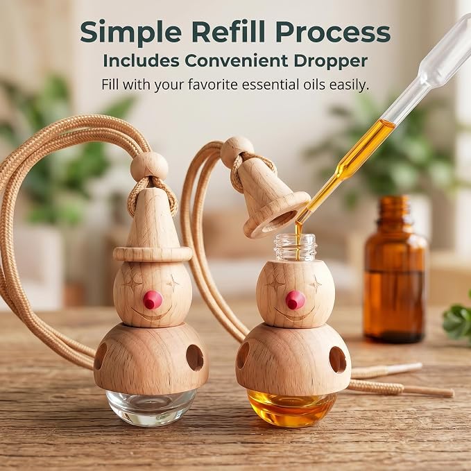 2 Pack Snowman Hanging Glass Car Diffuser Empty Oil Bottles | Wood lids & matching droppers, refillable bottles for car closet bathroom indoor aroma decor gifts