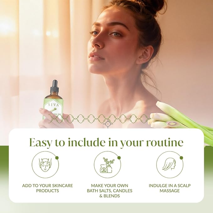 Siva Lemongrass Essential Oil 4 Fl Oz – for Diffuser, Skin & Hair Care – Ideal for Aromatherapy, Massage & DIY Blends- with Dropper
