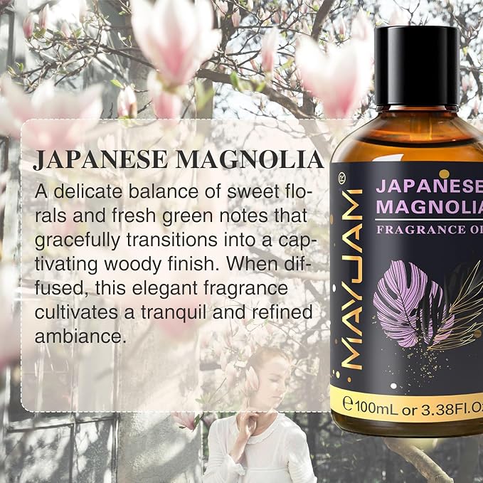 MAYJAM 100ML/3.38FL.OZ Japanese Magnolia Fragrance Oils with Glass Dropper, Essential Oils for Diffusers, Long Lasting Scented Oils for Soap Candle Making