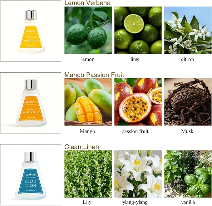Reed Diffuser Set of 3 Pack, Lemon Verbena/Mango Passion Fruit/Clean Linen Oil Diffuser Reed Diffusers for for Home, Bathroom, Office Decor, 1.7 Fl.oz, Total 5.1Oz