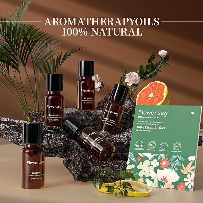 Essential Oils Set – 5 Pack – 100% Pure Aromatherapy Oils for Diffuser, Humidifier, Massage & Skin – Includes Lavender, Peppermint, Eucalyptus, Lemongrass, Orange – Gift Set for Women & Men