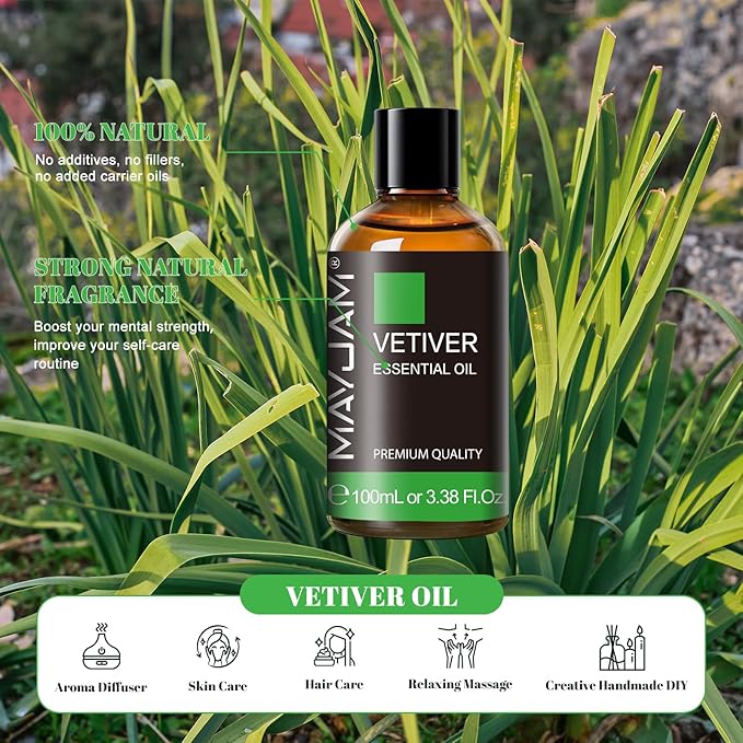 MAYJAM Premium Grade Vetiver Essential Oil - 100ML/3.38FL.OZ for Diffuser, Aromatherapy Oils for Candles, Soaps
