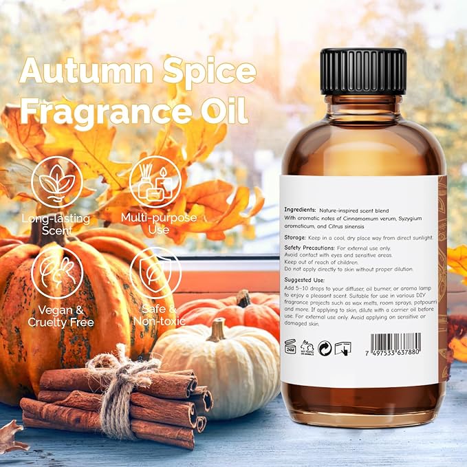 GM Gumili Autumn Spice Fragrance Oil 2 Oz, Natural Scent Oil for Home Essential Oils Diffuser, Candle Making, Soap Making, DIY Body Oils, Perfume, Body Mist, Spray - Spicy Fall Scent
