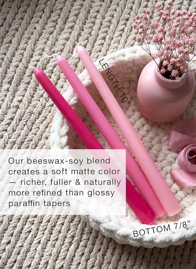 10" Classic Taper Candles, Three Pink Shades, 7-8 Hours Long Burning, Unscented Tall Candlesticks