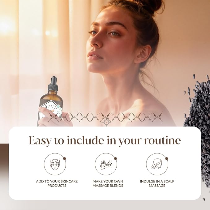SIVA Black Seed Oil Organic - 4 Fl Oz – 100% Natural Cold Pressed Black Seed Oil - for Face, Skin Care, Hair Care, Scalp Massage & Body Massage – Carrier Oil with Dropper