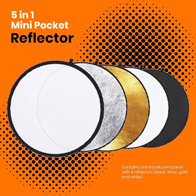 PhotoTrust Mini 5 in1 Pocket Reflector-Super Portable Reflector 12"/30cm Collapsible Multi-Disc Photography Light Reflector Diffuser-Silver/Gold/Black/White/Translucent for Studio/Macro Photography