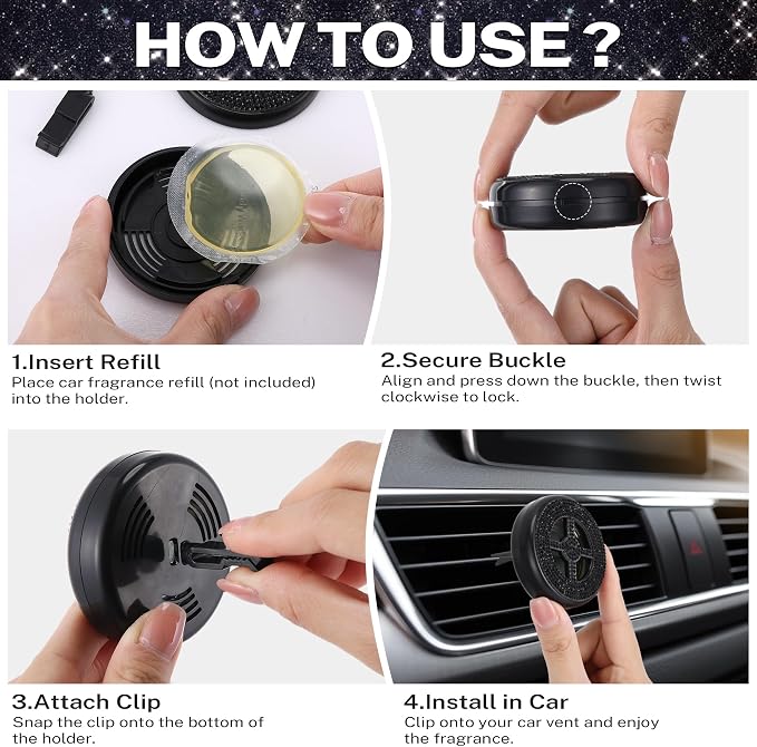 2 Pack Car Fragrance Holder Compatible with Bath & Body Works Refills (Not Included), Air Freshener Vent Clip or Visor Clip, Refillable Scent Holder, Easy to Open Car Diffuser (Diamond Black)