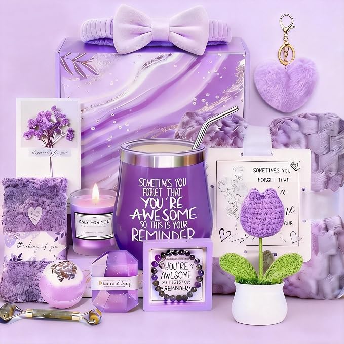Self Care Gifts Baskets Women, 16PCS Get Well Soon Gift Box Relaxing Spa Set Care Package for Birthday, Valentines Day, Mothers Day, Christmas Gifts for Mom Girlfriend Sister Wife Grandma (Purple)
