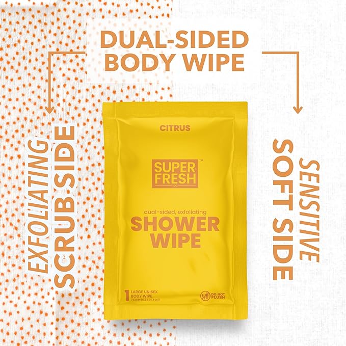 Super Fresh Shower Body Wipes, Travel Essentials for Camping, Large Citrus Wipes for Adults, Women, Men, Kids Personal Hygiene Cloth Enriched with Aloe and Vitamin E, Individually Wrapped 20 Pack