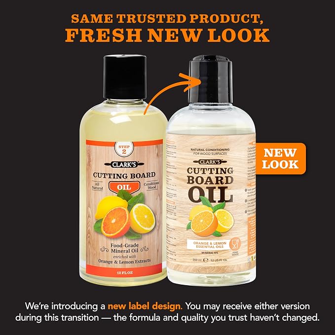 CLARK'S Cutting Board Oil - Food Grade Mineral Oil for Cutting Board - Enriched with Lemon and Orange Oils - Butcher Block Oil and Conditioner - Mineral Oil - Restores and Protects All Wood - 12oz