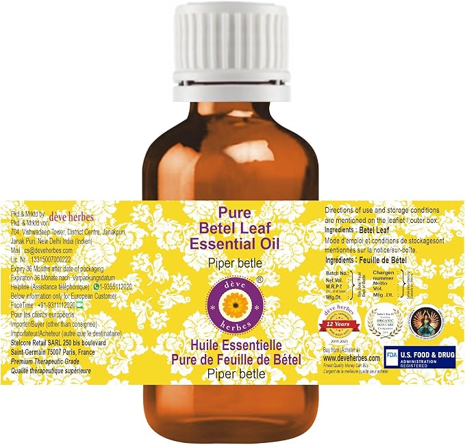 Deve Herbes Pure Betel Leaf Essential Oil (Piper betle) Steam Distilled 30ml (1 oz)