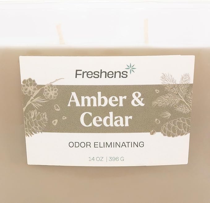 Carolina Freshens Amber & Cedar Odor Eliminating Highly Fragranced Candle for Home Scented, Eliminates 90% of Pet, Smoke, Food and Other Smells Quickly, 2 Wick, 14 oz - Made in the USA