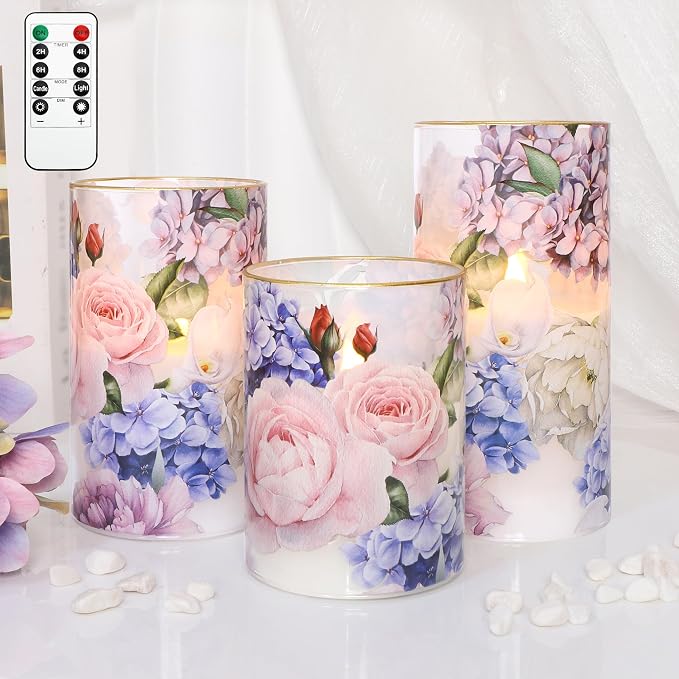 Hydrangea Rose Flameless Candles with Remote Control & Timer Function - Real Wax Glass Battery Operated Candles - Home Farmhouse Holiday Christmas Valentine's Day Decorations - Set of 3