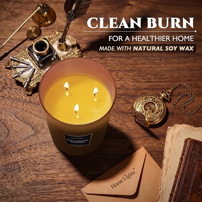 HomeLights Scented Candles | Large Jar Candle-33.3 Oz. Natural Soy Aromatherapy Candles | Up to 130 Hours Burn Time with 3 Cotton Wicks, Home Decorative Fragrance Candle Gift - Iris & Orange Blossom