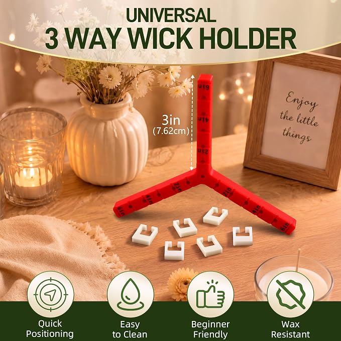 Feekoon Universal 3 Way Candle Wick Holder, Adjustable 1/3 Wick Centering Tool with 6 Clips, Anti-Slip Wicks Stabilizer for Candle Making, Fits Jars up to 6 Inch, Reusable PLA (Red)