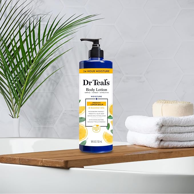 Dr Teal's Lemon Prebiotic Body Lotion with Lemon Balm & Essential Oils, 24-Hour Moisture, 18 fl oz (Pack of 3)