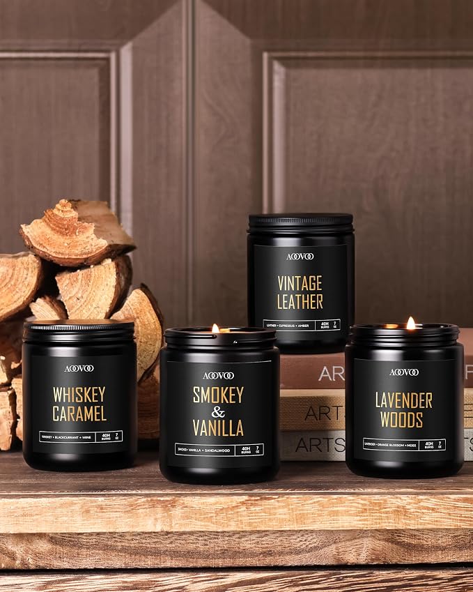 AOOVOO Scented Candles for Men - 4 Pack Candles for Home Scented, 28oz Soy Wax, 200 Hour Burn Time, Men Candle Set, Leather/Smoke & Vanilla/Whiskey Caramel/Lavender Candle Set