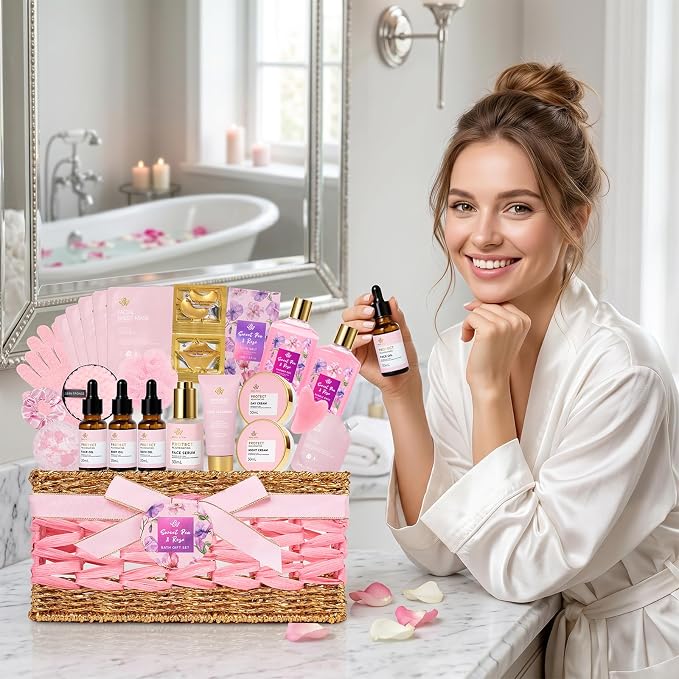 Gifts for Women, 32 Pcs Rose Bath and Body Gifts Basket Set for Women, Hydrating Facial Skin Care Set, Self Care Pampering Kit, Home Spa Basket Gift Set, Birthday, Christmas, Mothers Day, Anniversary