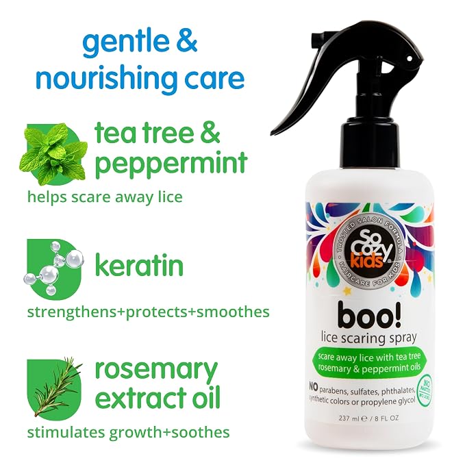 SoCozy Boo Lice Scaring Spray For Kids Hair, Effective Lice Treatment (8 Fl Oz) Clinically Proven to Repel Lice, Conditioning Spray with Tea Tree Oil, Rosemary Oil & Keratin, Paraben & Sulfate Free
