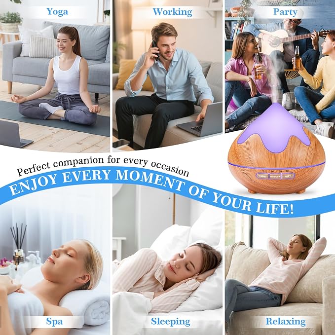 500ML Essential Oil Diffuser, Aromatherapy Diffuser with Remote Control, Multifunctional Air Diffusers for Home Office Room, Fragrance Aroma Diffuser with 7 Color LED & 2 Mist Mode, Light Brown