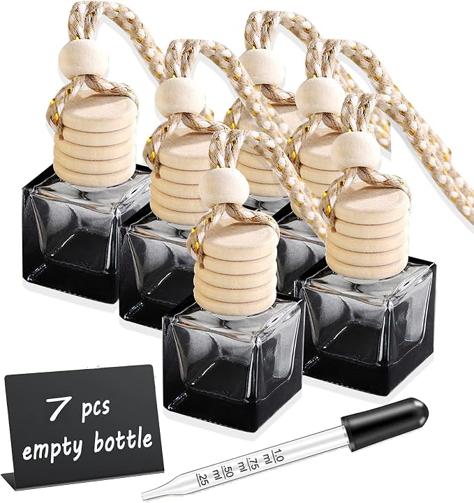 7 Pcs 8ml Hanging Car Air Freshener Diffuser,Empty Black Gradient Glass Essential Diffuser Oil Aromatherapy Fragrance Perfume Pendant Glass Vials with Wooden Caps (Square, 8ml)