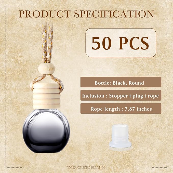 BBTO 50 Pcs Hanging Car Air Freshener Black Car Diffuser Bottles Empty Glass Perfume Bottle Freshener Diffuser Bottles Pendant for Essential Oil Fragrance Aromatherapy Ornament(Round)