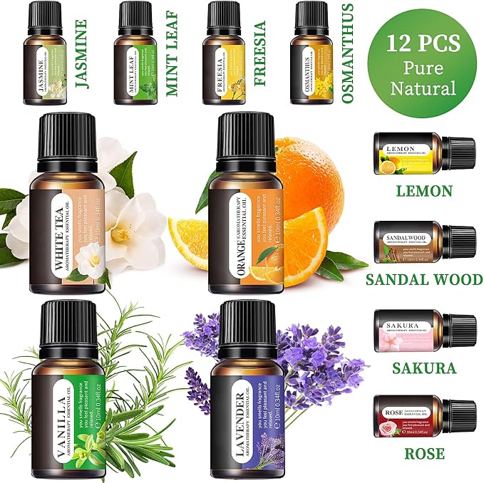 Essential Oils Set, 12 Scents, 10 ML Bottles, Lavender, Lemon, Rose, Jasmine, Vanilla, Sandalwood and More, for Humidifiers, Diffusers, Aromatherapy