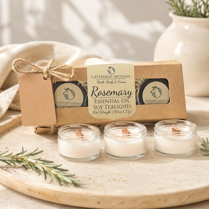 Rosemary Essential Oil Scented Tealight Candle Gift Set of 3 Handcrafted Natural Soy Candles Wooden Wick Dried Flowers Remembrance Home Office Aromatherapy Jar Tea Lights with Lids by Lathered Artisan