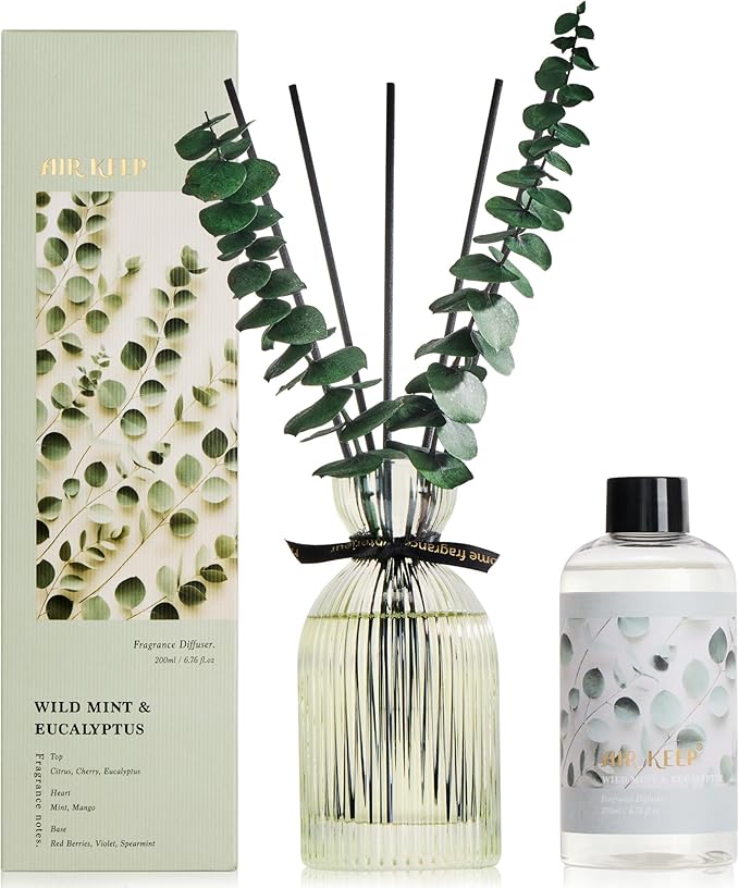 Airkeep Reed Diffuser Set 6.76 oz – Wild Mint & Eucalyptus Decorative Home Fragrance with Eucalyptus Sticks, Ribbed Glass Diffuser for Bathroom & Bedroom Décor, Gift Ready
