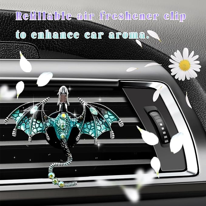 2PCS Bling Wyvern Car Air Freshener Vent Clips, Alloy Enamel Dragon Auto Outlet Clips with Fragrance Tablets, Refillable Cute Flying Dragon Crystal Vent Clip Aroma Diffuser (Blue)