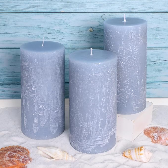 Ocean Scented Candles, Gray Blue Pillar Candles Set of 3 Tall in 3X6 Inch, Long Clean Burning Smokeless & Dripless Aromatherapy Candles for Home Decor
