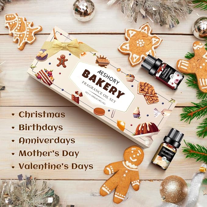 Bakery Essential Oils Set - Fragrance Oil for Diffusers for Home, Candle Making - Pumpkin Pie, Coffee Cake, Gingerbread, Cherry Cheesecake Aromatherapy Scented Oils (6x10ML)