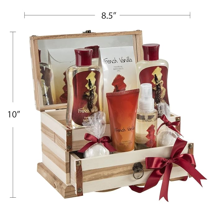 French Vanilla Bath Set Essential Bath and Body Basket: 2 Vanilla Bath Bombs, Body Lotion, Body Spray, Bath Salts, etc in a Wooden Jewelry Box Gift