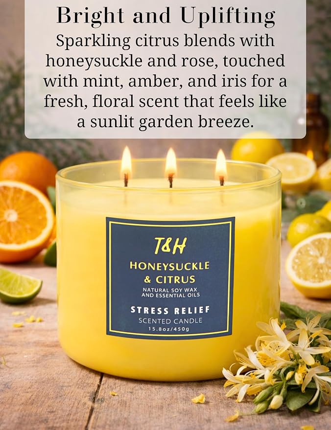 Honeysuckle Citrus Scented Soy Candle | Large 3-Wick Candle for Home, 15.8 oz | Fresh Floral Citrus Candle | Summer Candles for Women & Men | Thank You & Hostess Gifts for Women