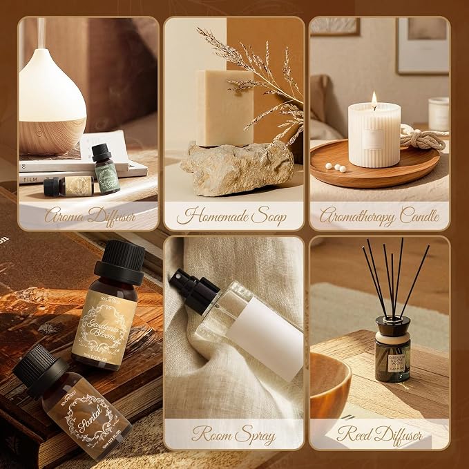 Hotel Essential Oil Set Collection—Santal, Luxury Night, White Tea & Thyme, Gardenia Bloom, Dream Walk, Citrus Amber, Essential Oils for Diffuser, Candle & Soap Making, Fragrance Oils Scents