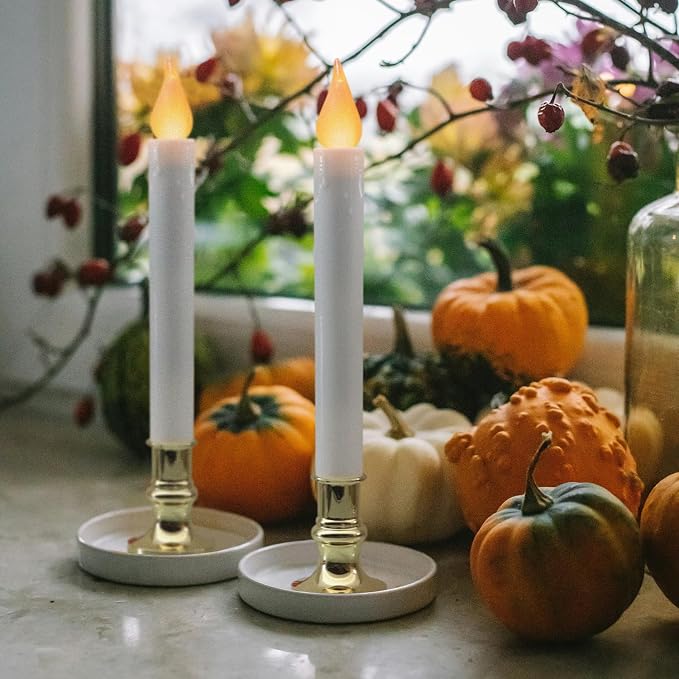 FURORA LIGHTING White Taper Candles with Gold Holders, Pack of 6-9.9" Flameless LED, 5/19 Auto Timer, Batteries Included - Wedding, Dinner & Home Decor